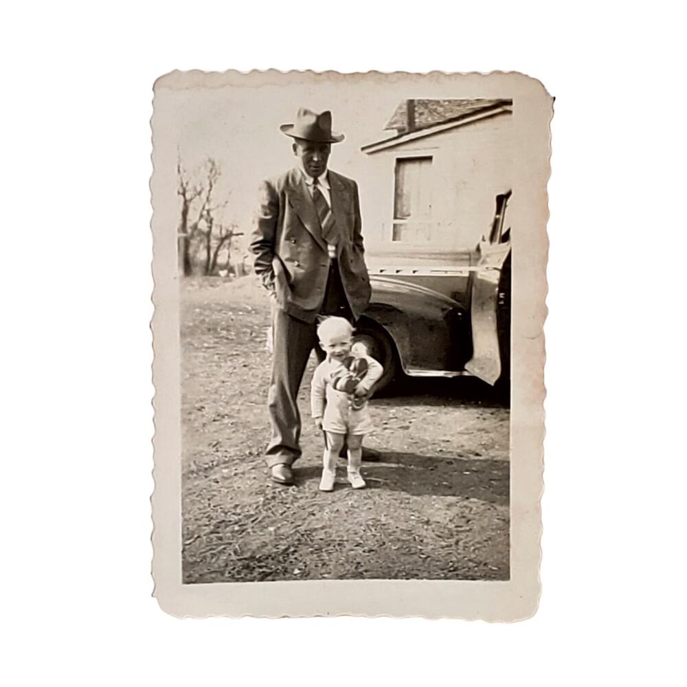 Vtg B&W Original Photo Found 1940s Grandpa & Baby Posing Vehicle Behind Snapshot